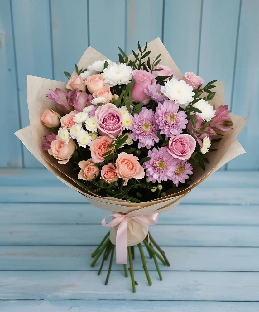 Букет цветов из: Хризантемы, Розы и Альстромерии в Купино
