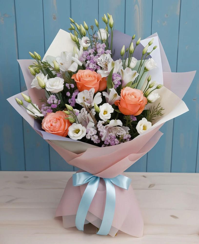 Букет цветов из: Лизиантусы, Розы, Альстромерии и Гипсофила в Купино