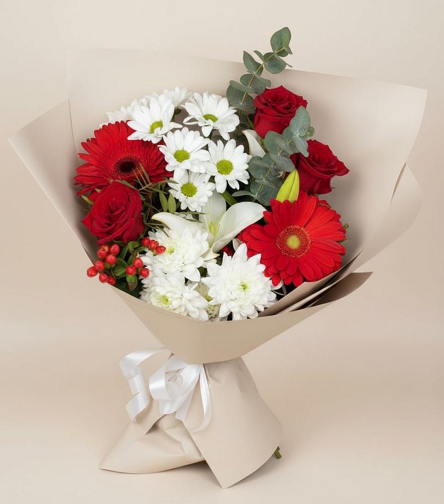 Букет цветов из: Розы, Хризантемы, Герберы и Лилии в Купино