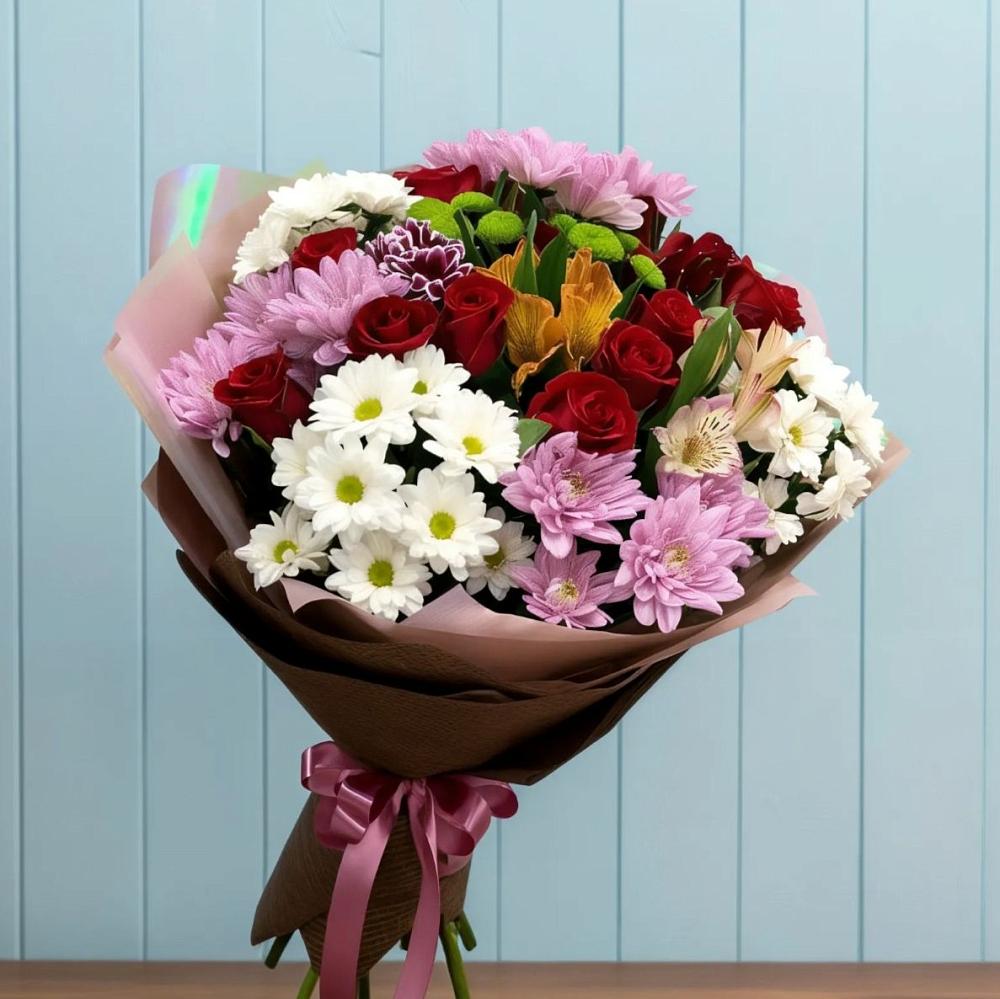 Букет цветов из: Розы, Хризантемы и Альстромерии в Купино