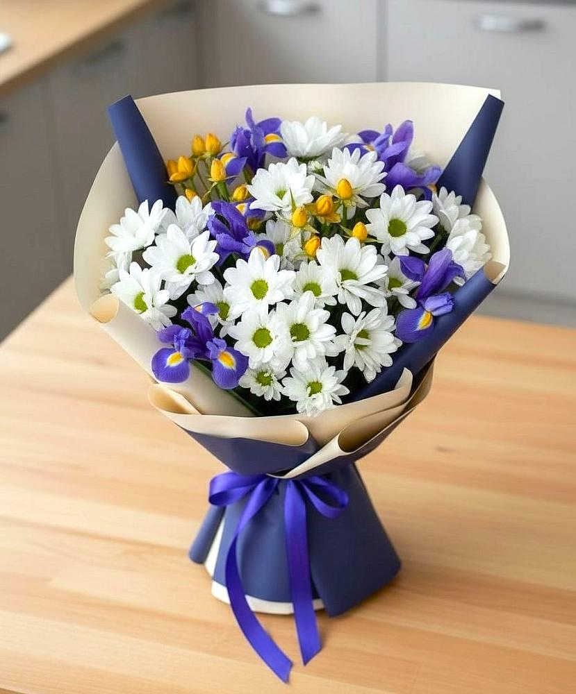 Букет цветов из: Розы, Ирисы и Хризантемы в Купино